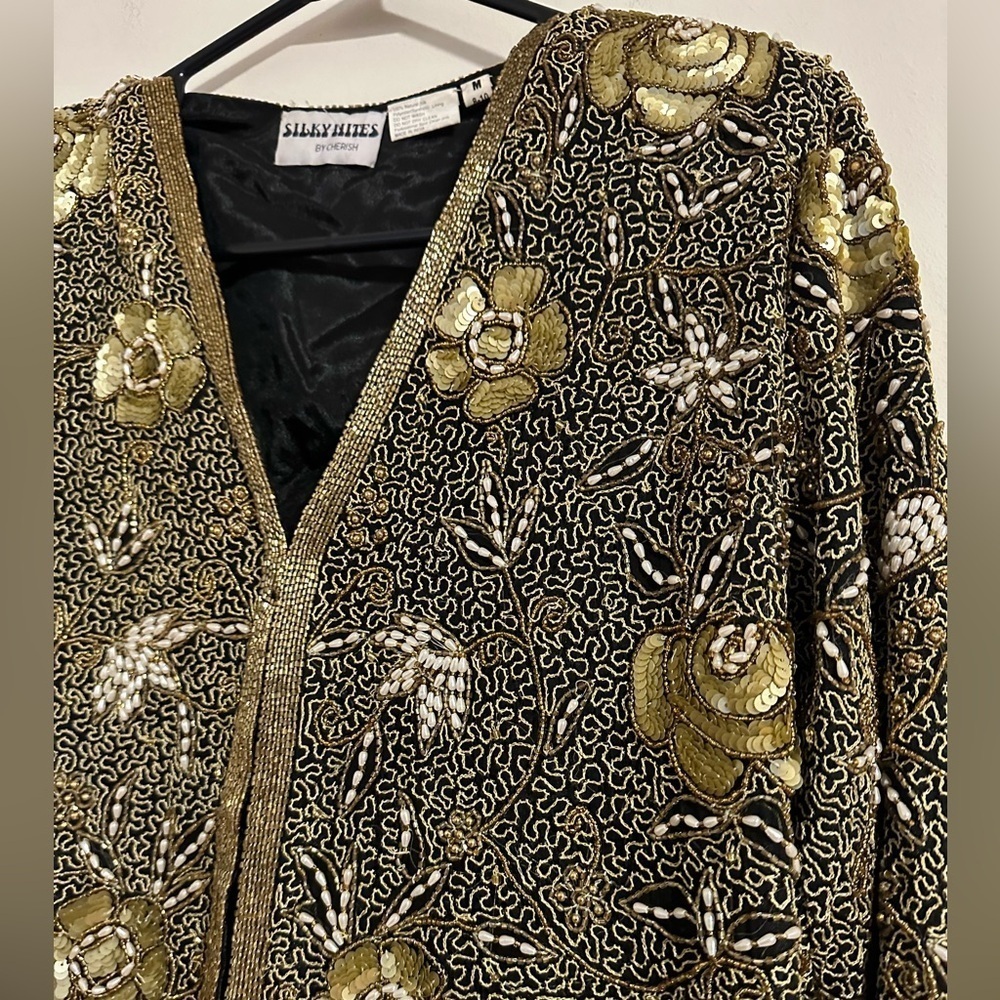 NWT Vintage 100% Silk beaded floral deadstock blazer cardigan gold black india - Picture 4 of 8